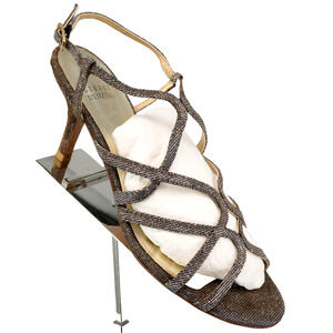 Stuart Weitzman Sandals Womens 7.5 M Gold Metallic Heels Strappy Shoes Party